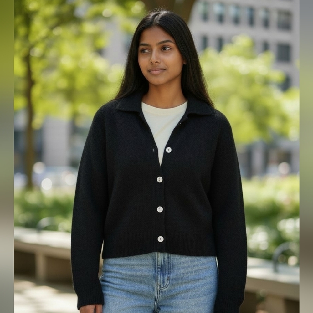 Classic Timeless Black‎ Cashmere Women's Sweater Quiet Luxury Buttons Soft